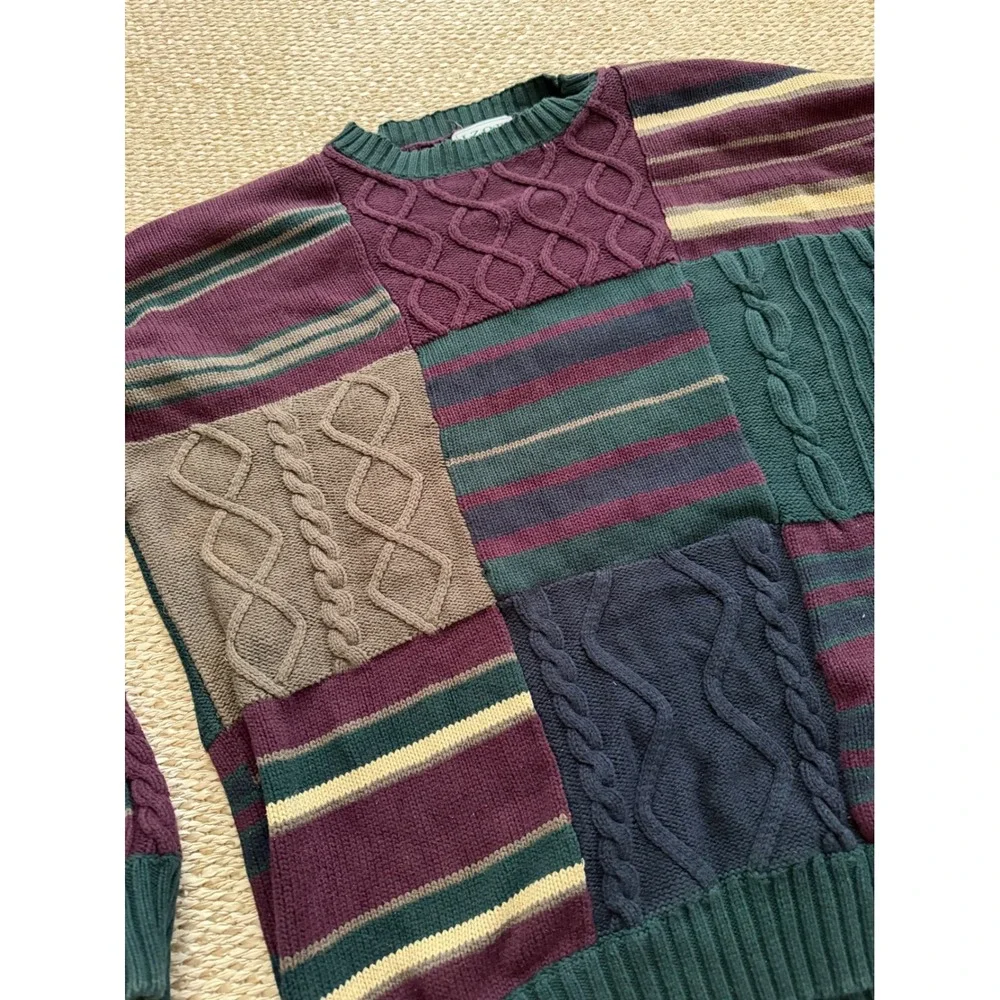 Izod Mens Vintage Patchwork Cable Knit Sweater Cosby grandpa chunky  preppy LG‎